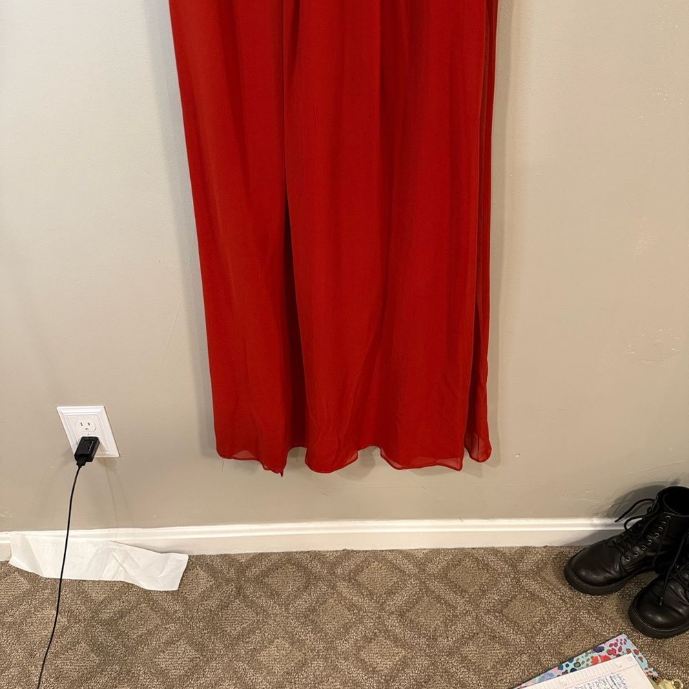 Bebe bright red flowy maxi dress with unique halter top and gathered waist - Picture 9 of 11
